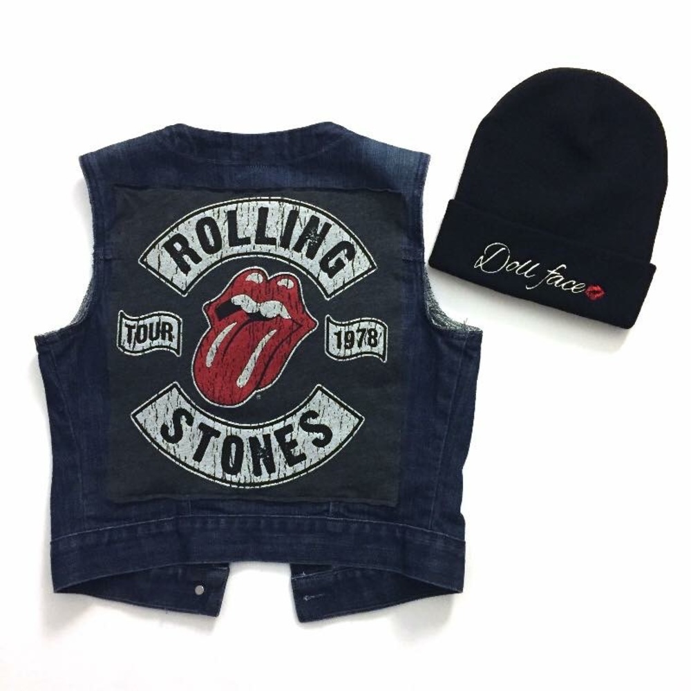 Custom Made Rolling Stones Denim Vest + Beanie